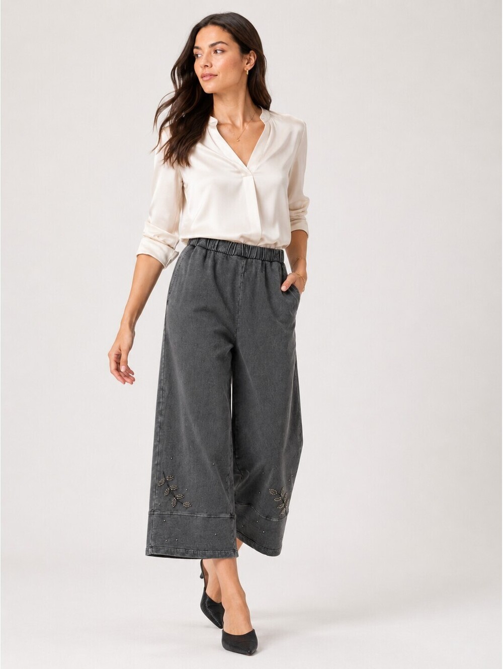 Johnny Was French Terry Linen Barrel Pant Gray Beaded Size L NWT
